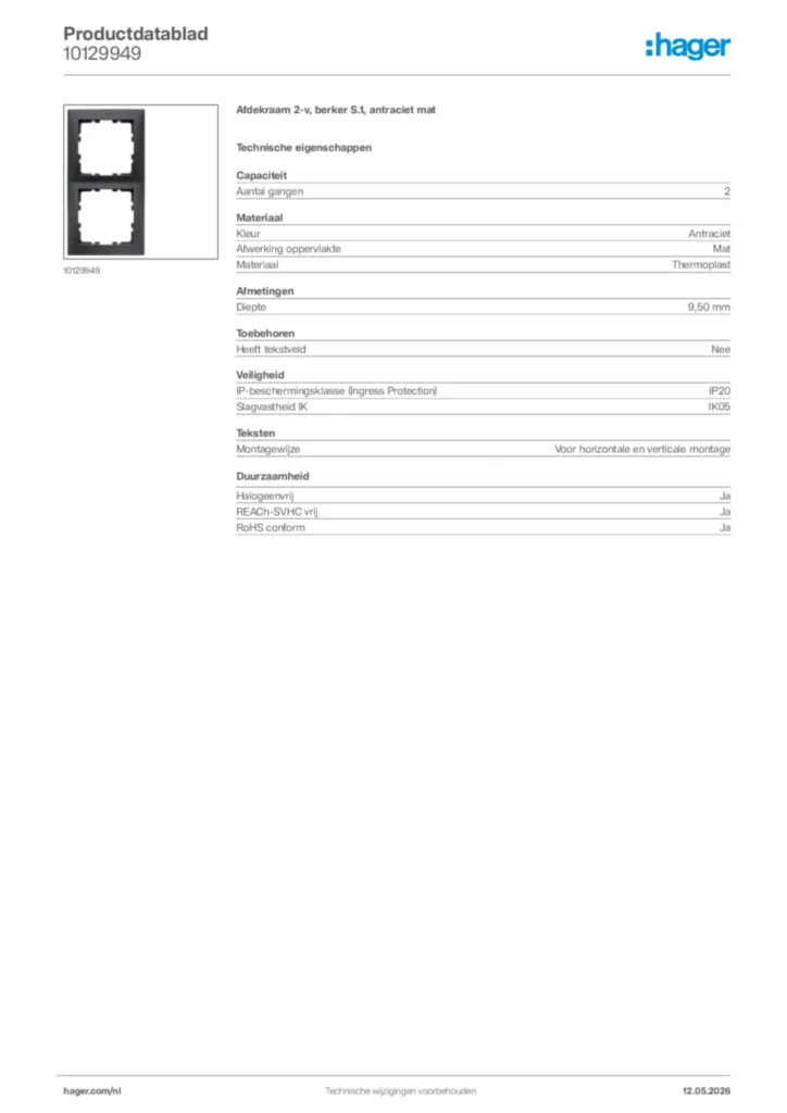 Afbeelding Hager Productdatablad 10129949 | Hager Nederland