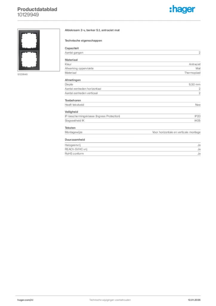 Afbeelding Hager Productdatablad 10129949 | Hager Nederland