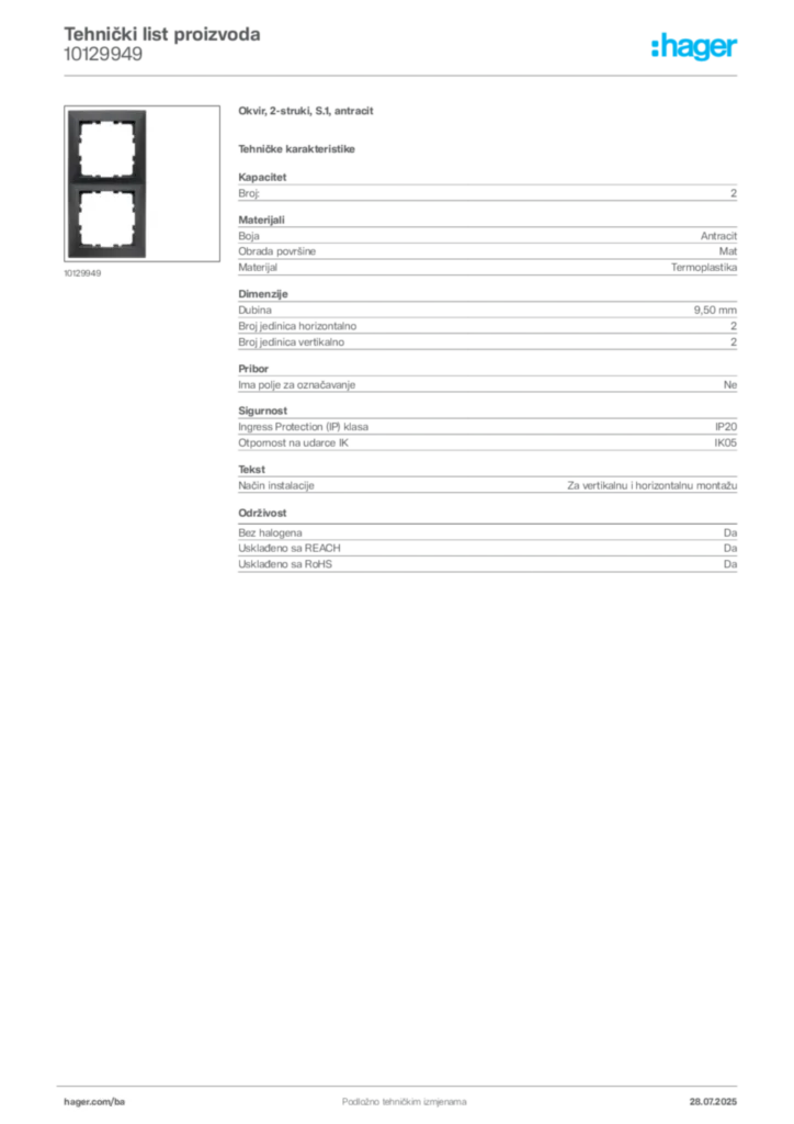 Slika Hager Product data sheet 10129949  | Hager
