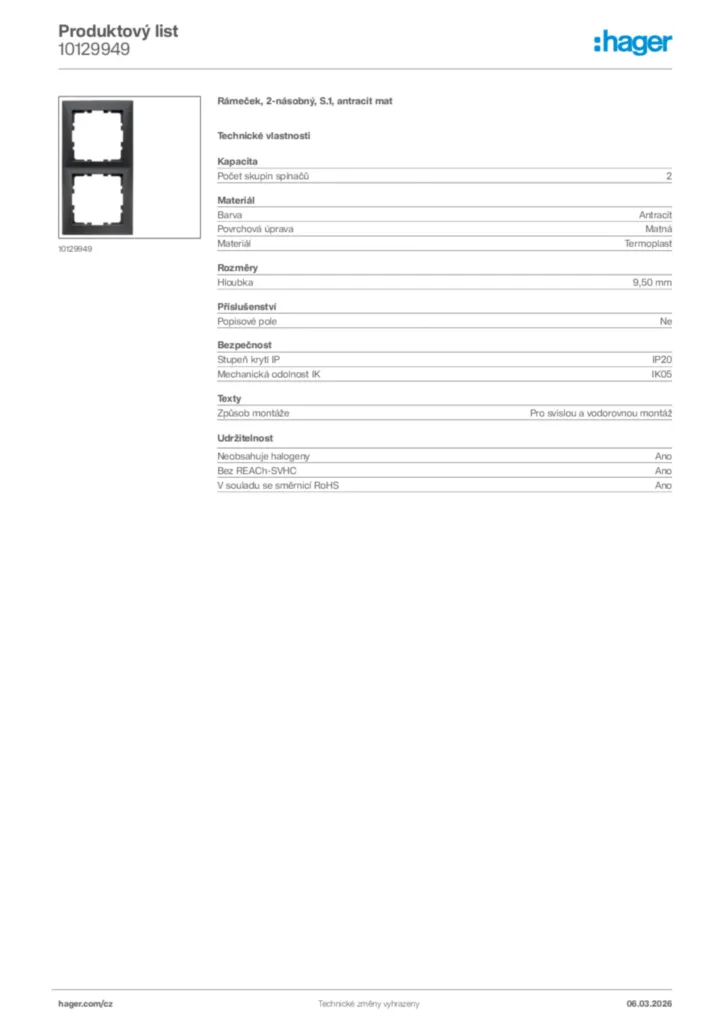 Obrázek Hager Product data sheet 10129949 | Hager