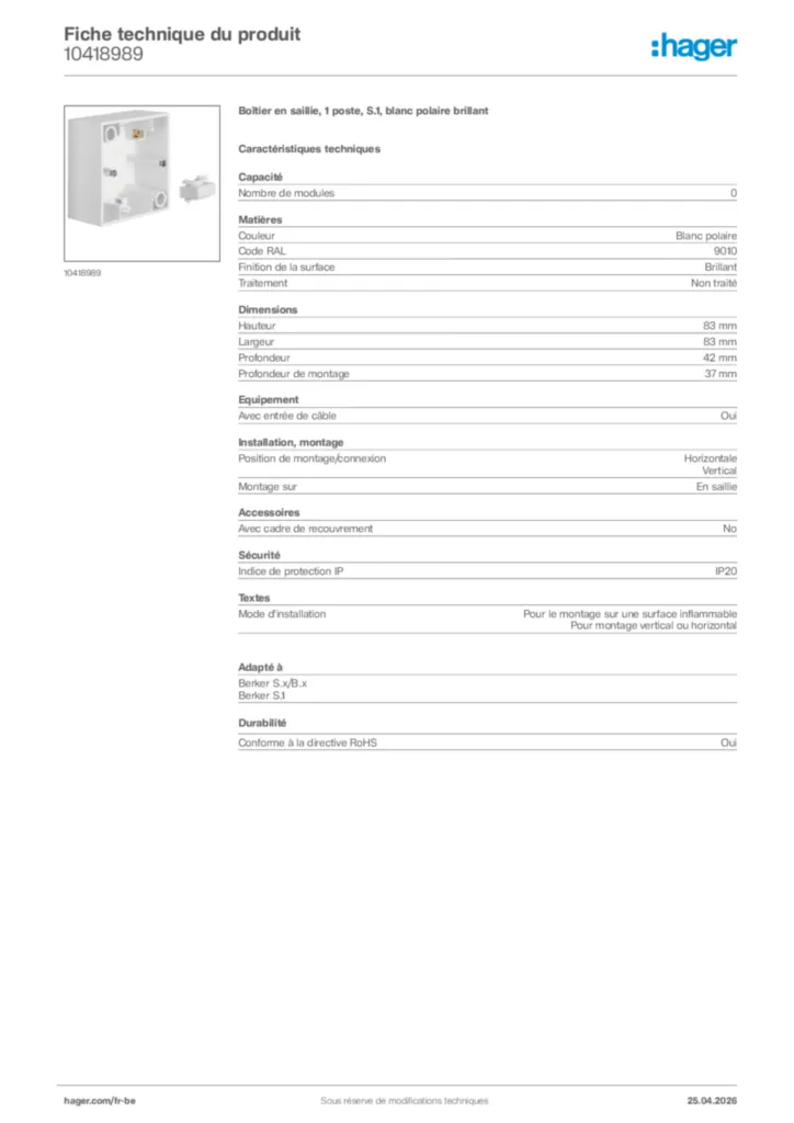 Image Hager Fiche technique du produit 10418989 | Hager Belgique