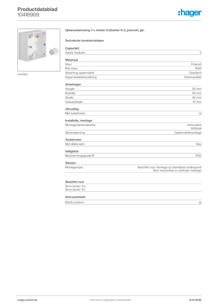 Afbeelding Hager Productdatablad 10418989 | Hager Belgium