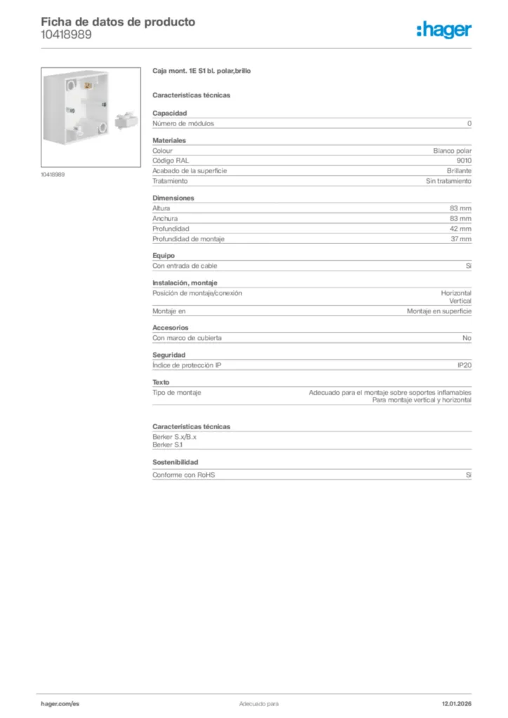 Imagen Hager Ficha de datos de producto 10418989 | Hager España