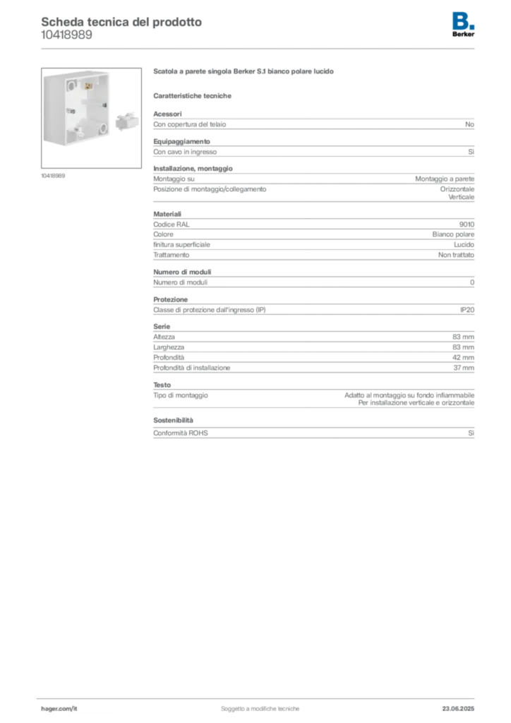 Immagine Berker Scheda tecnica del prodotto 10418989 | Hager Italia