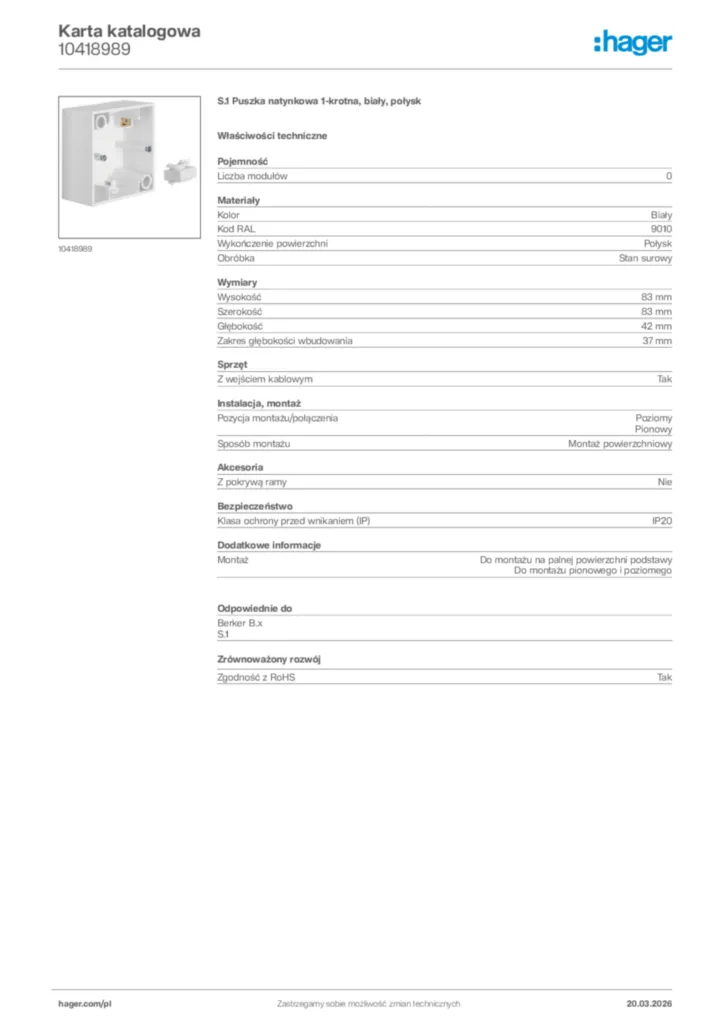 Zdjęcie Hager Karta katalogowa 10418989 | Hager Polska