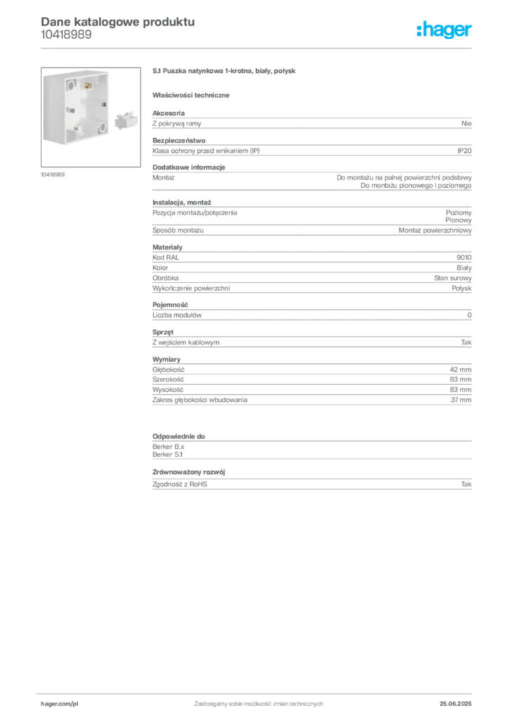 Zdjęcie Hager Dane katalogowe produktu 10418989 | Hager Polska