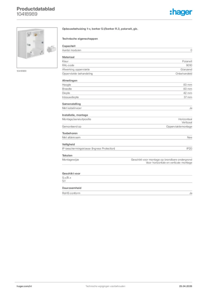 Afbeelding Hager Productdatablad 10418989 | Hager Nederland