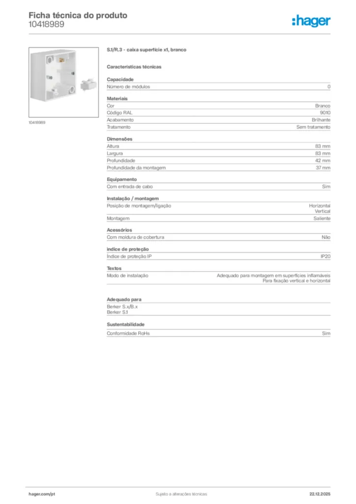 Imagem Hager Ficha técnica do produto 10418989 | Hager Portugal
