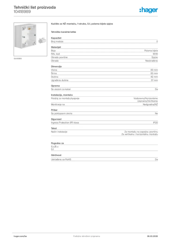 Slika Hager Tehnički list proizvoda 10418989  | Hager