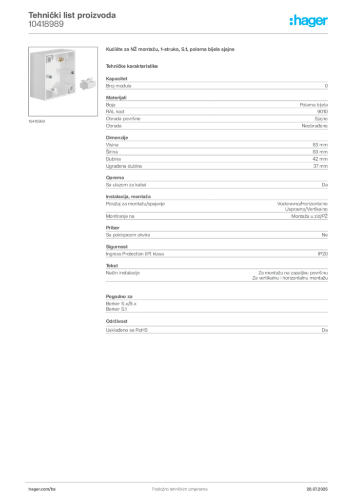 Slika Hager Product data sheet 10418989  | Hager