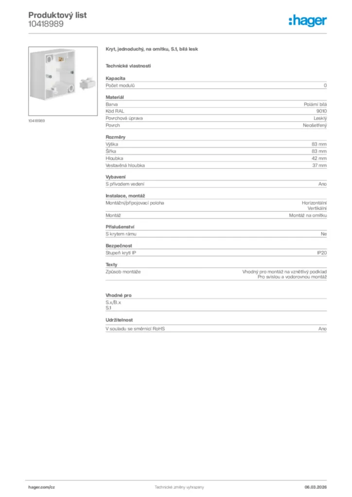 Obrázek Hager Product data sheet 10418989 | Hager