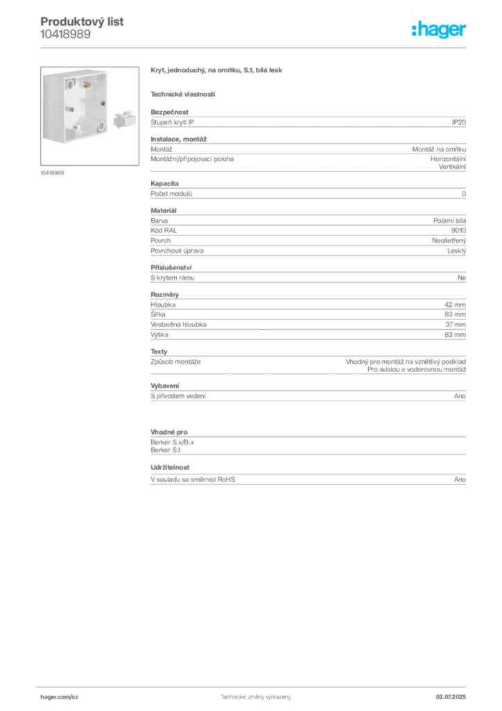 Obrázek Hager Product data sheet 10418989 | Hager