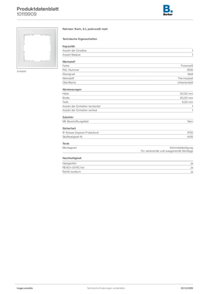Bild Berker Produktdatenblatt 10119909 | Hager Deutschland