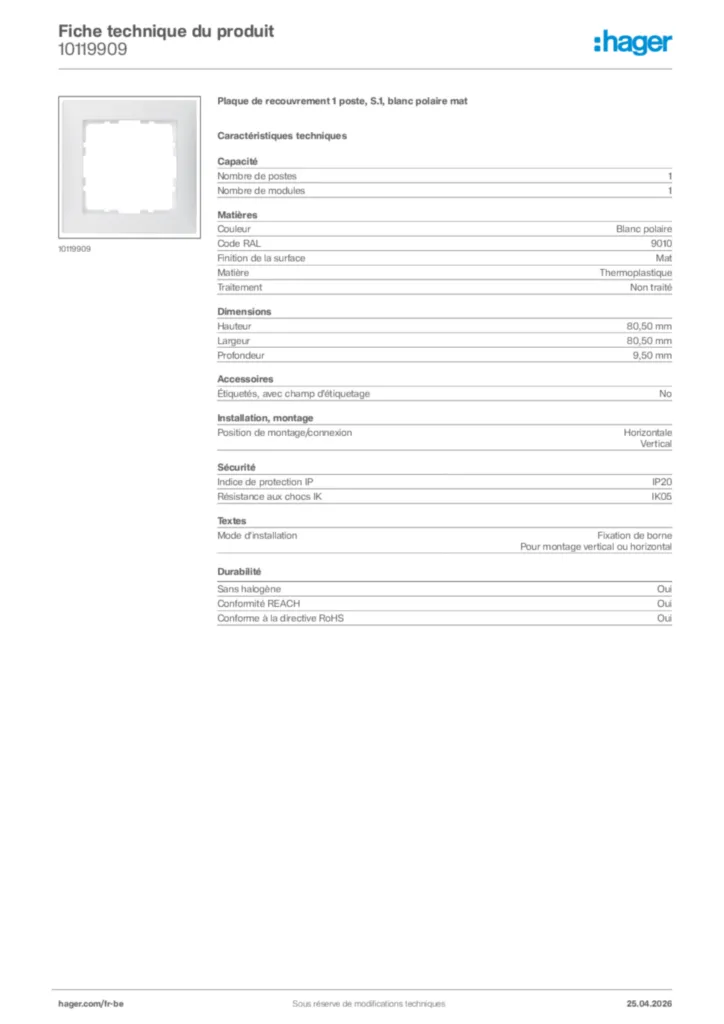 Image Hager Fiche technique du produit 10119909 | Hager Belgique