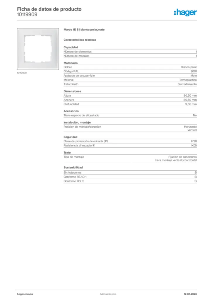 Imagen Hager Ficha de datos de producto 10119909 | Hager España
