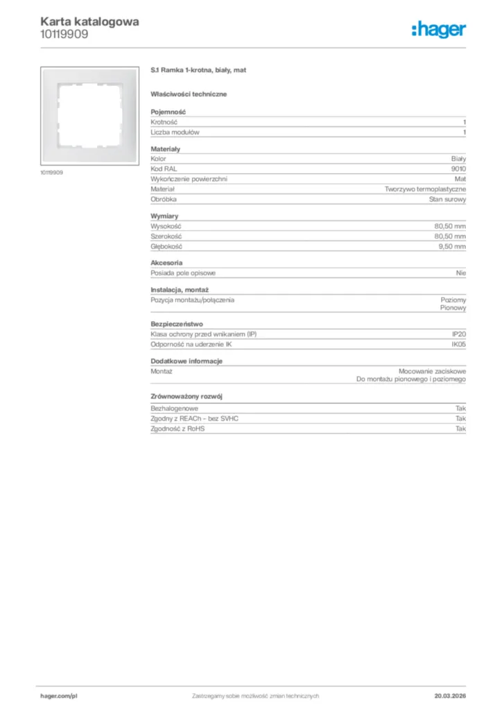 Zdjęcie Hager Karta katalogowa 10119909 | Hager Polska