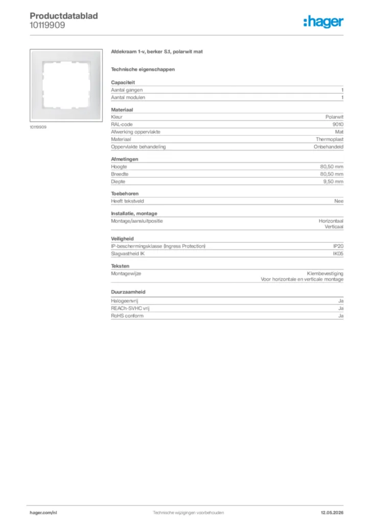 Afbeelding Hager Productdatablad 10119909 | Hager Nederland