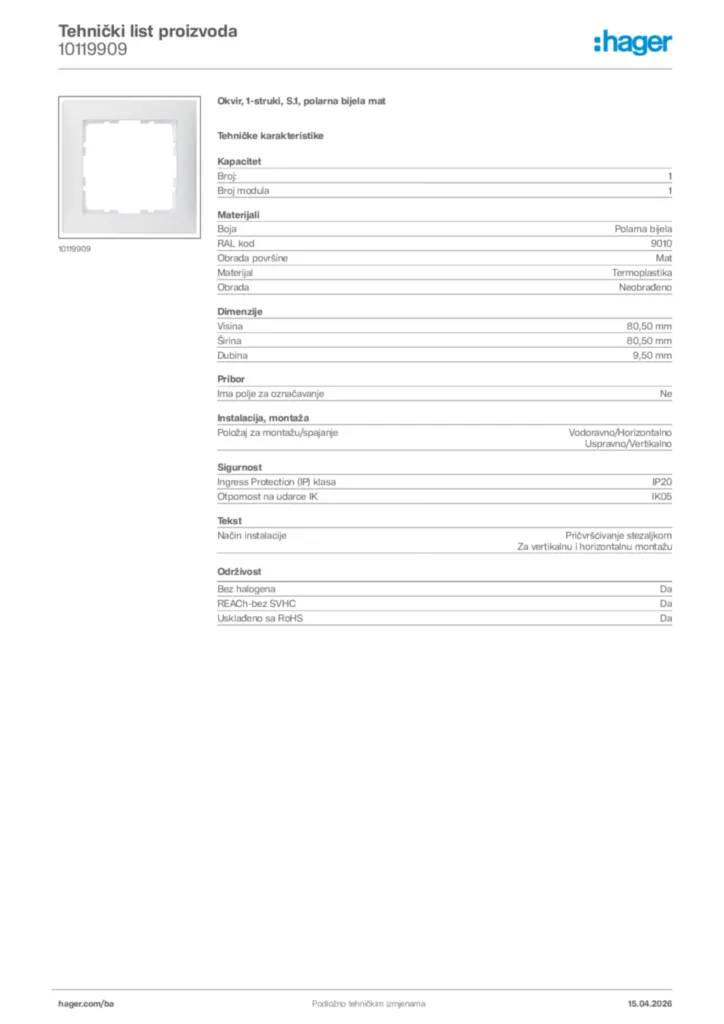 Slika Hager Tehnički list proizvoda 10119909  | Hager