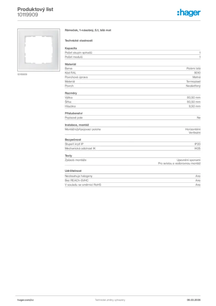 Obrázek Hager Product data sheet 10119909 | Hager