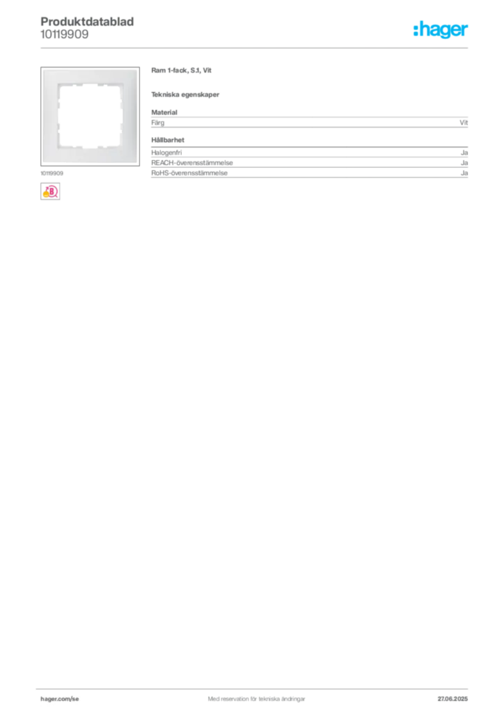 Bild Hager Produktdatablad 10119909 | Hager Sverige