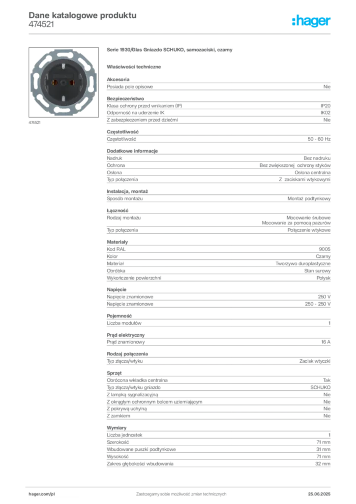 Zdjęcie Hager Dane katalogowe produktu 474521 | Hager Polska