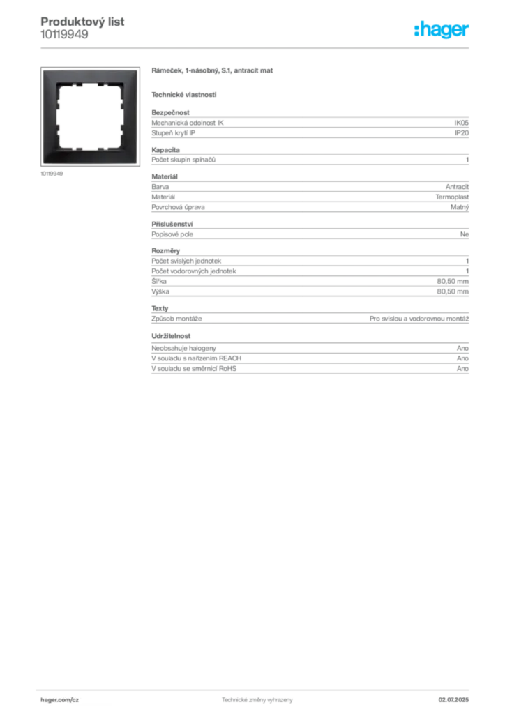 Obrázek Hager Product data sheet 10119949 | Hager