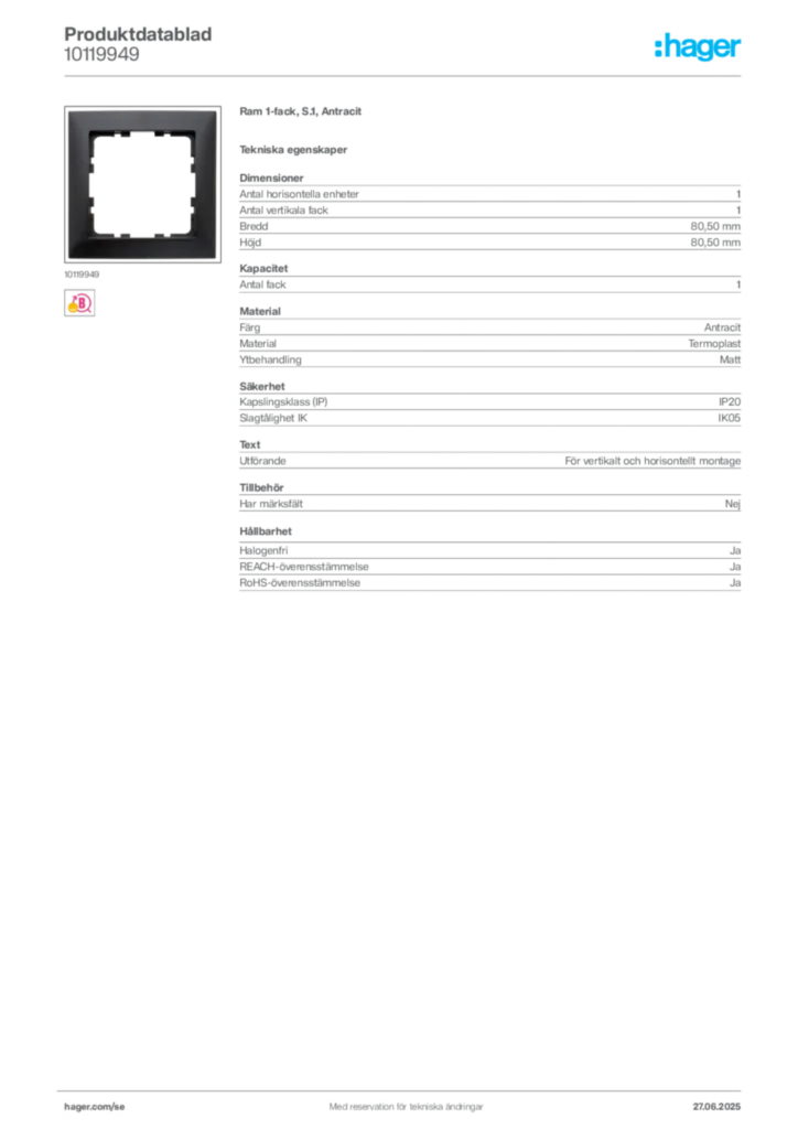 Bild Hager Produktdatablad 10119949 | Hager Sverige