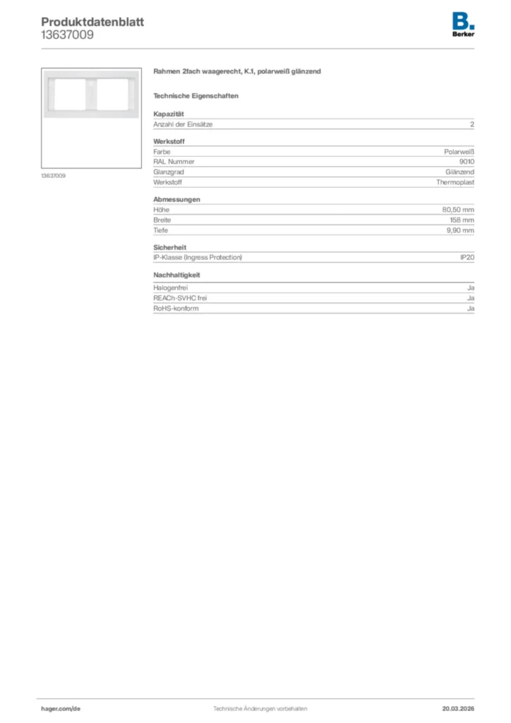 Bild Berker Produktdatenblatt 13637009 | Hager Deutschland