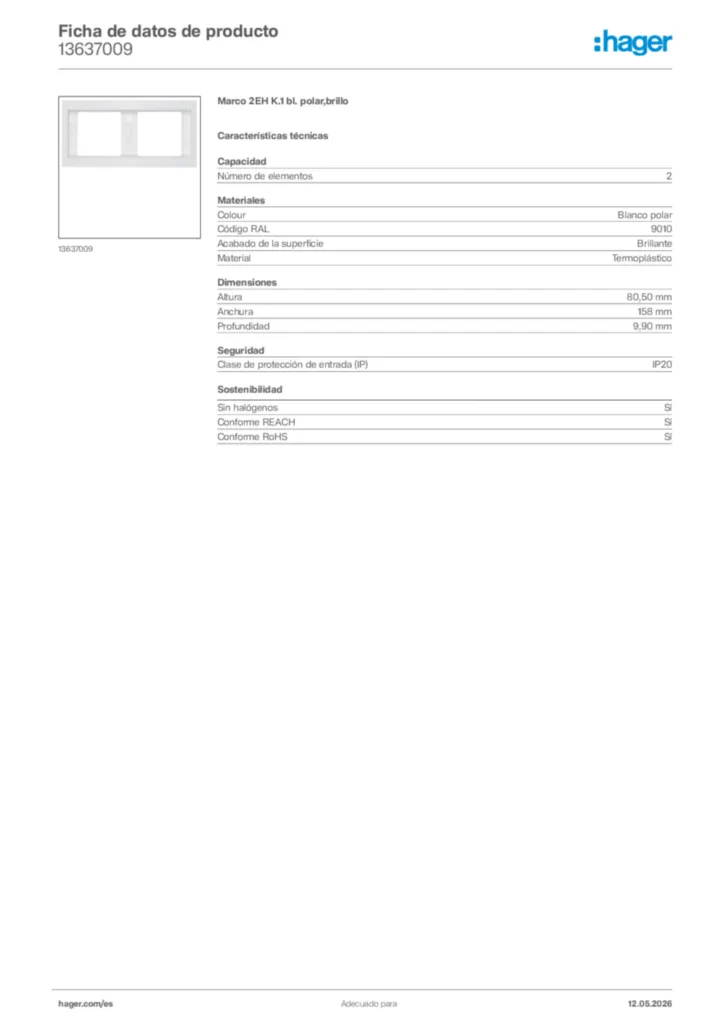 Imagen Hager Ficha de datos de producto 13637009 | Hager España