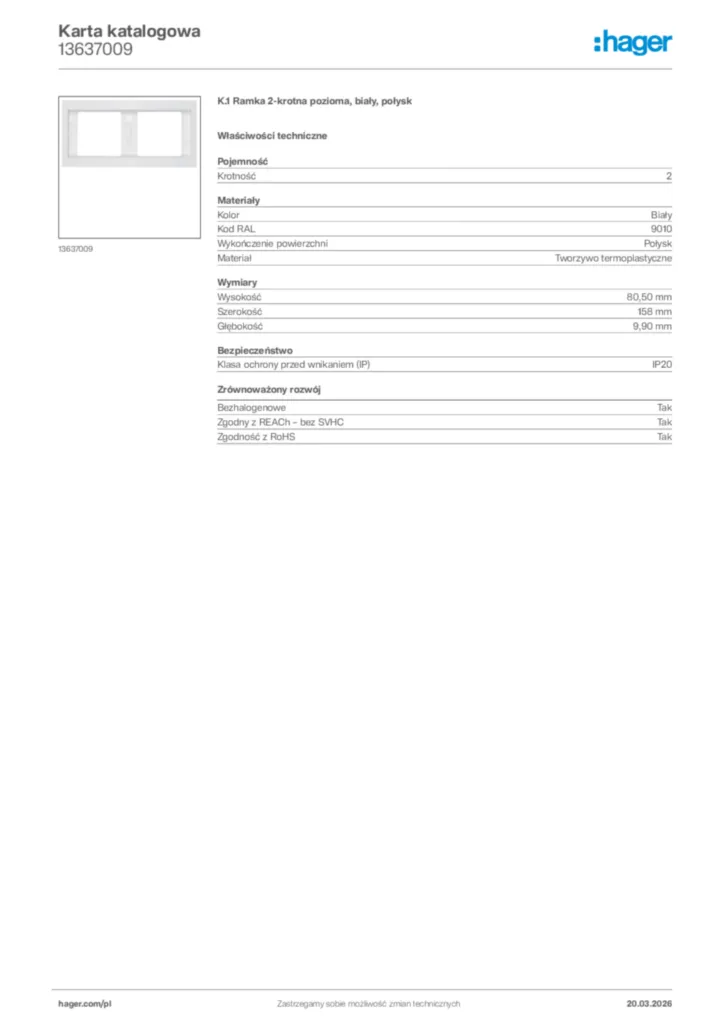 Zdjęcie Hager Karta katalogowa 13637009 | Hager Polska