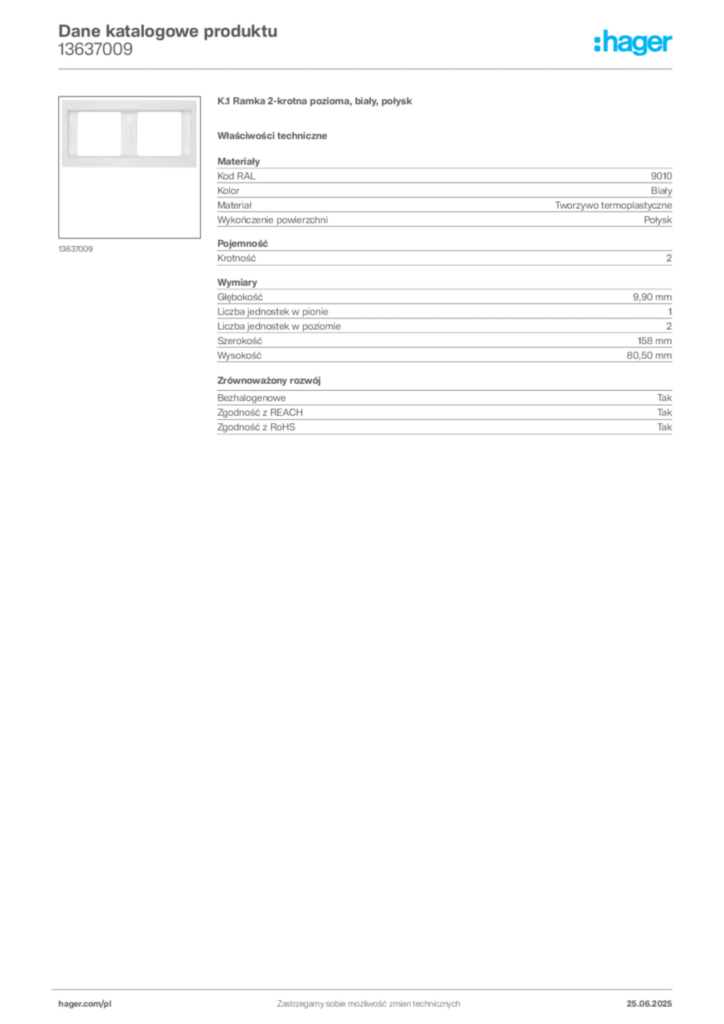 Zdjęcie Hager Dane katalogowe produktu 13637009 | Hager Polska