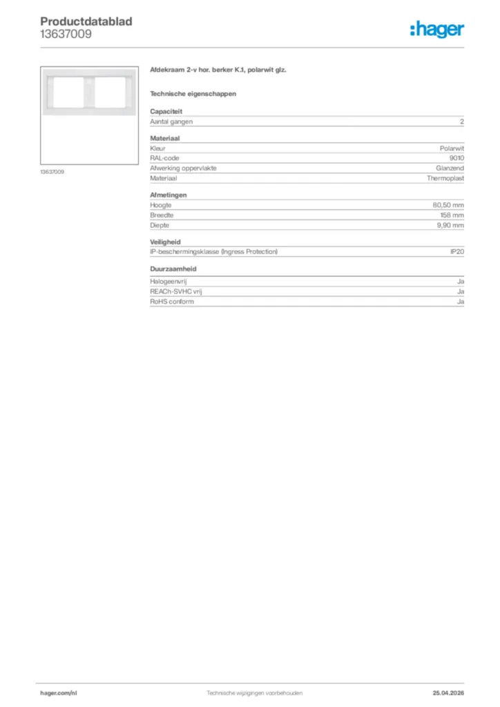 Afbeelding Hager Productdatablad 13637009 | Hager Nederland