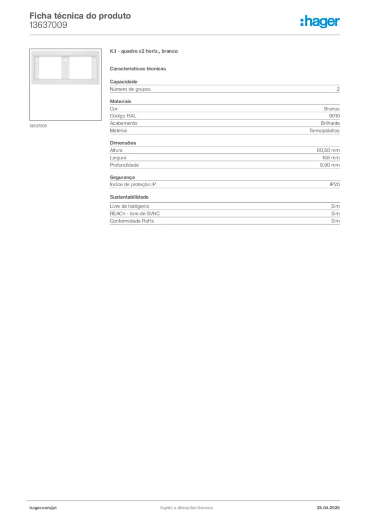 Imagem Hager Ficha técnica do produto 13637009 | Hager Portugal