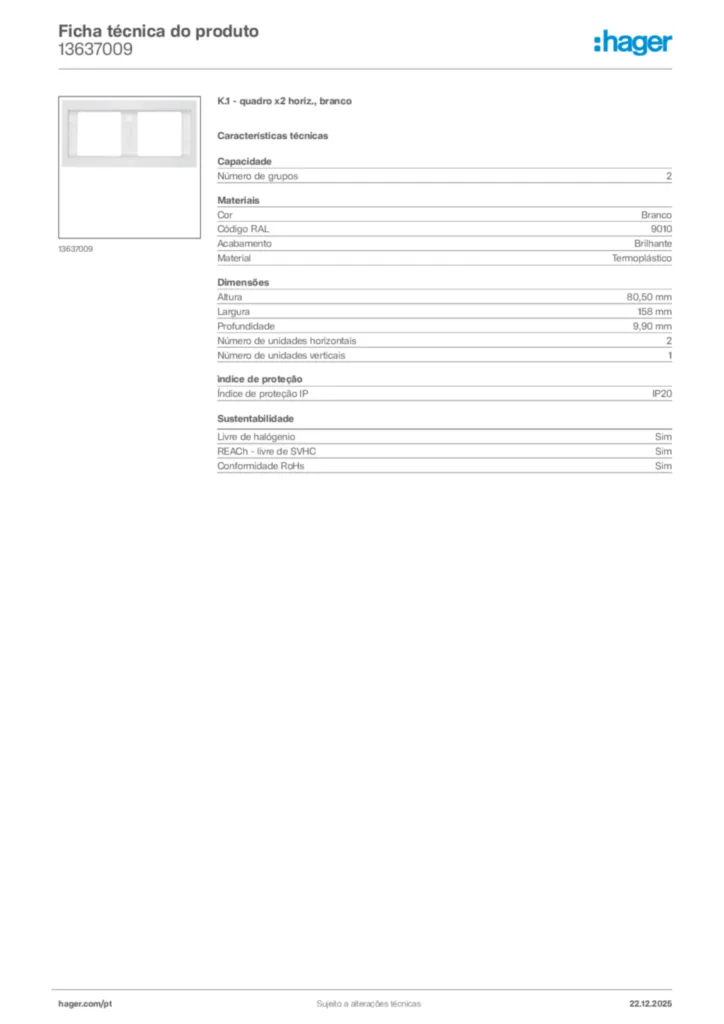 Imagem Hager Ficha técnica do produto 13637009 | Hager Portugal