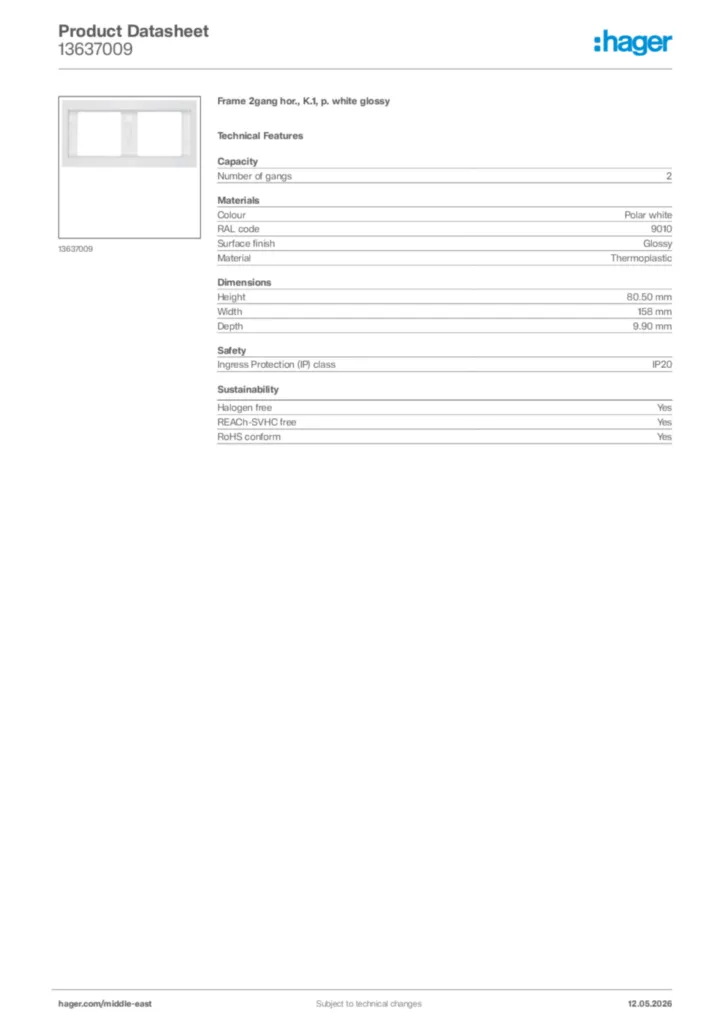 Image Hager Product data sheet 13637009  | Hager