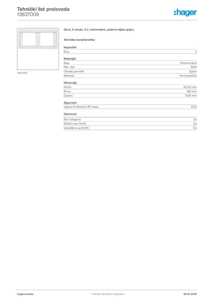 Slika Hager Tehnički list proizvoda 13637009  | Hager