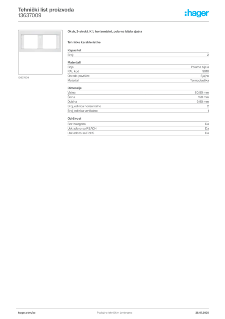 Slika Hager Product data sheet 13637009  | Hager