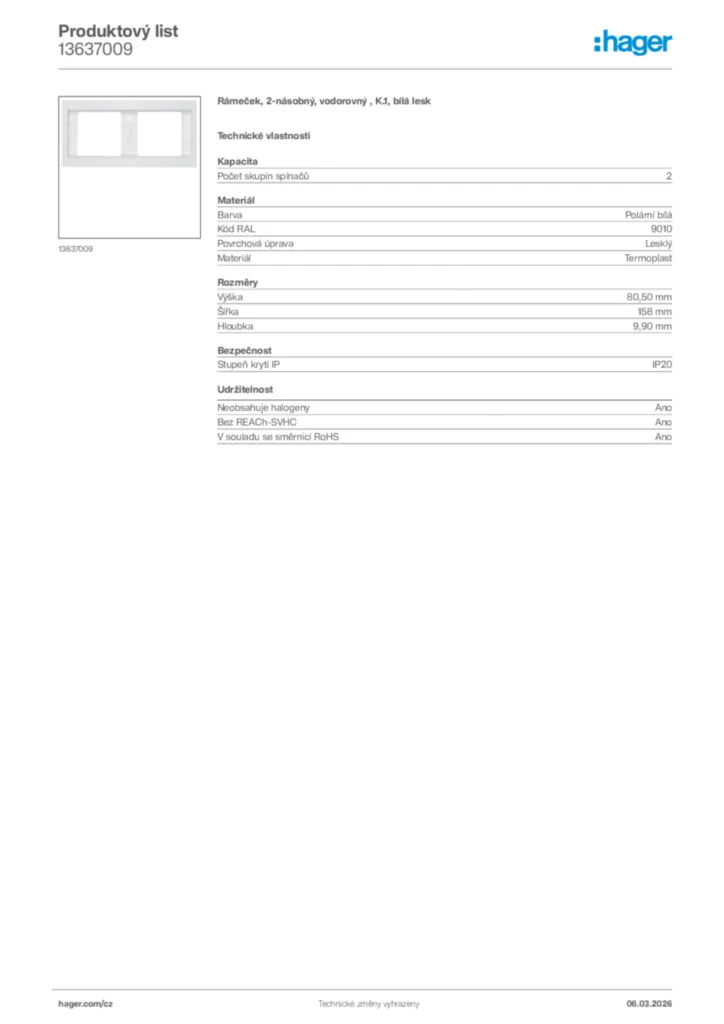 Obrázek Hager Product data sheet 13637009 | Hager