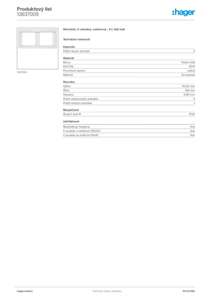 Obrázek Hager Product data sheet 13637009 | Hager