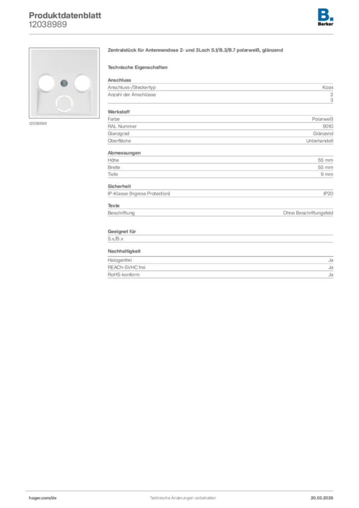 Bild Berker Produktdatenblatt 12038989 | Hager Deutschland