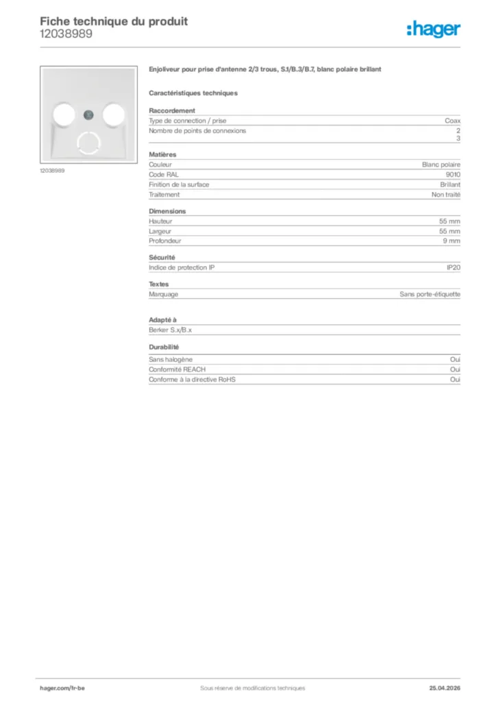 Image Hager Fiche technique du produit 12038989 | Hager Belgique