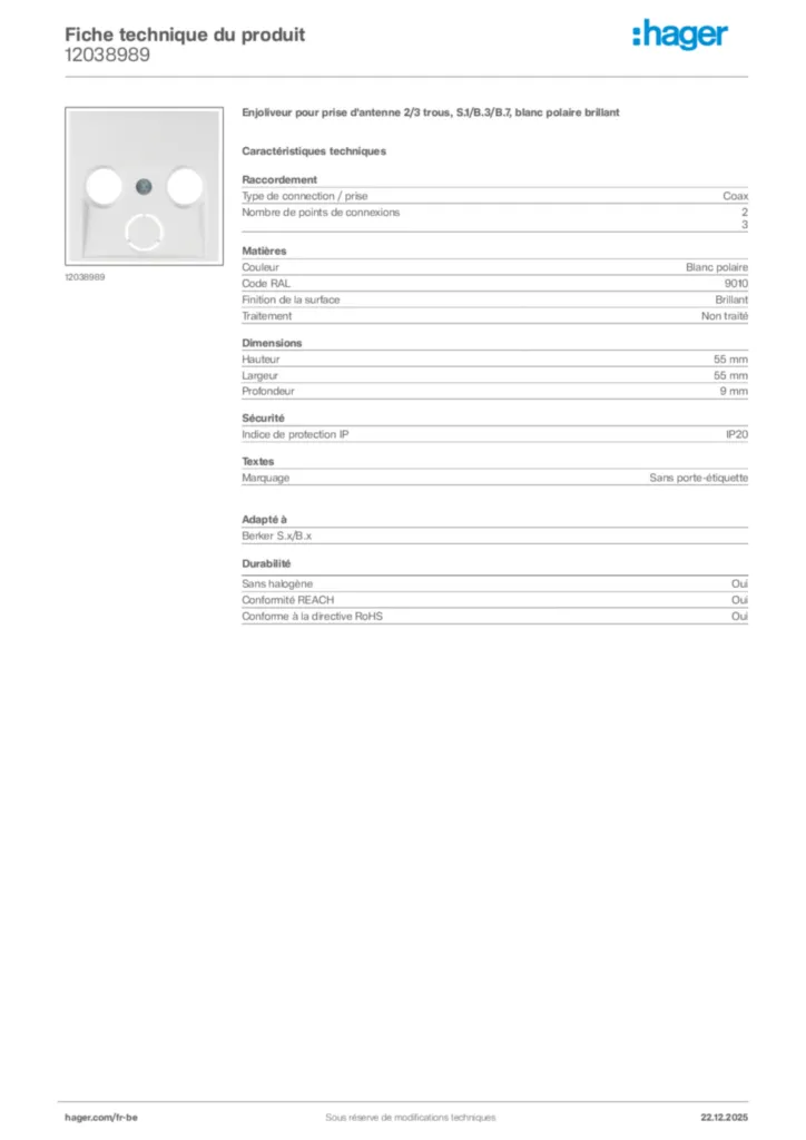 Image Hager Fiche technique du produit 12038989 | Hager Belgique