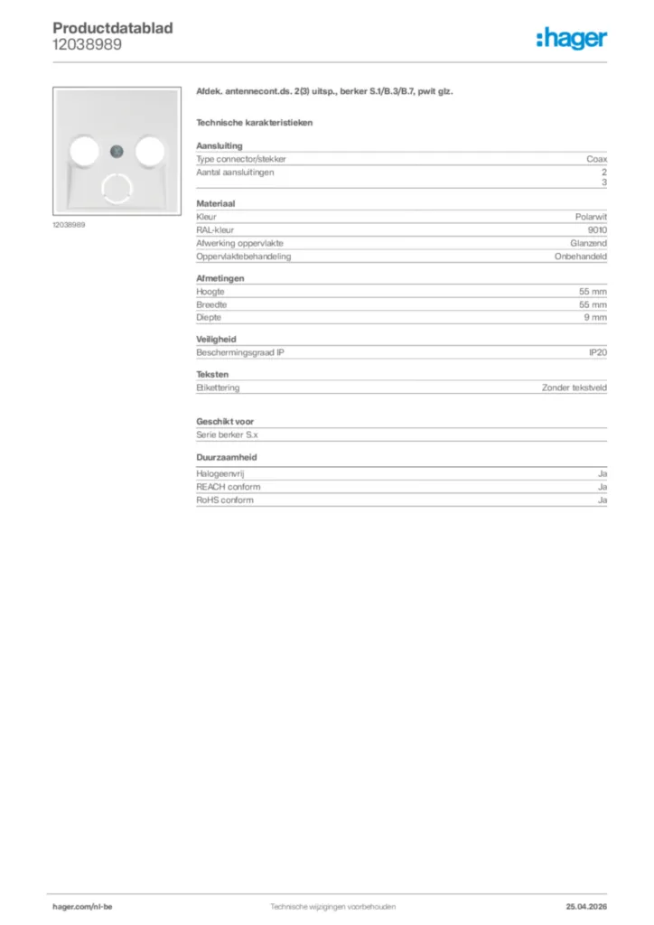 Afbeelding Hager Productdatablad 12038989 | Hager Belgium