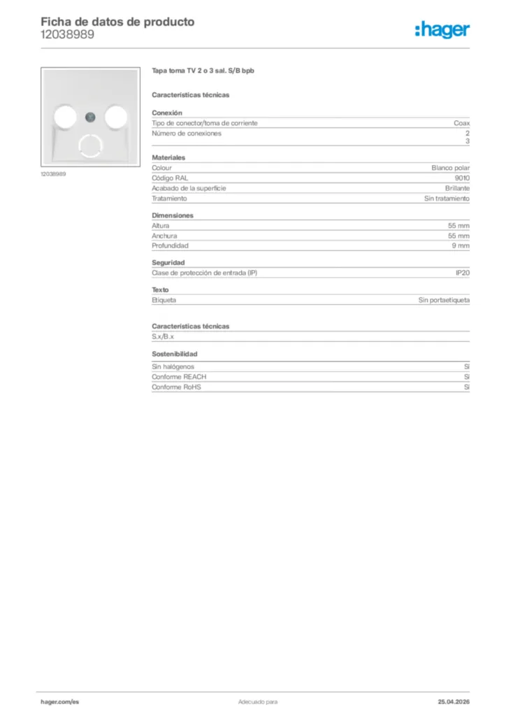 Imagen Hager Ficha de datos de producto 12038989 | Hager España