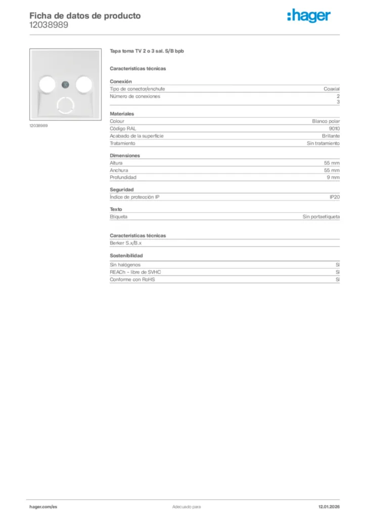 Imagen Hager Ficha de datos de producto 12038989 | Hager España