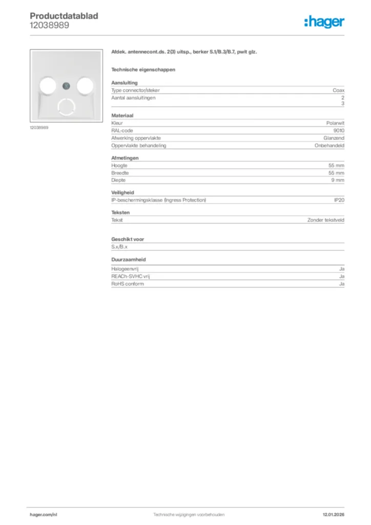 Afbeelding Hager Productdatablad 12038989 | Hager Nederland