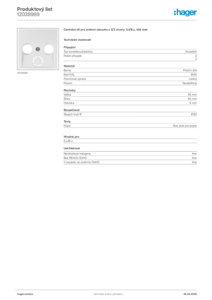 Obrázek Hager Product data sheet 12038989 | Hager
