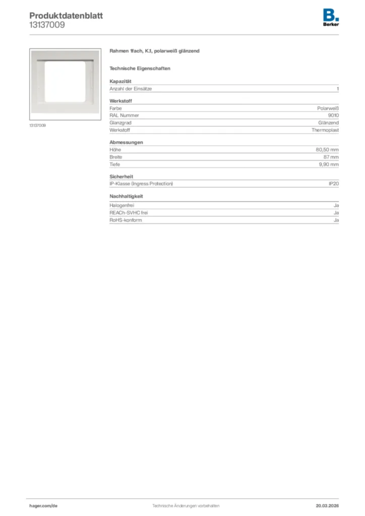 Bild Berker Produktdatenblatt 13137009 | Hager Deutschland