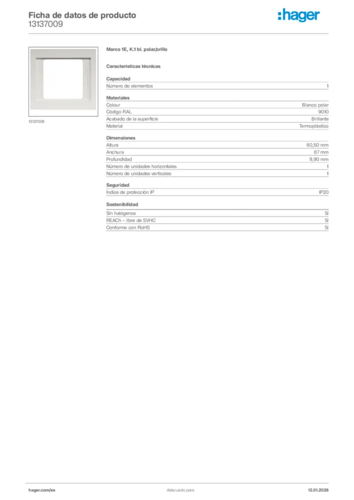 Imagen Hager Ficha de datos de producto 13137009 | Hager España