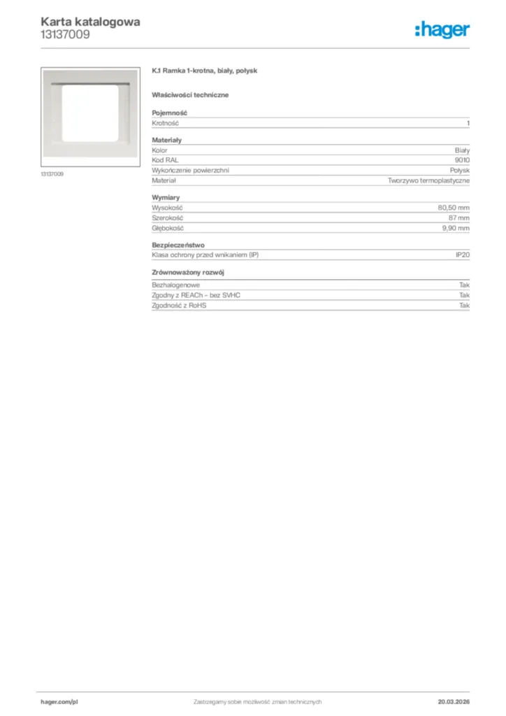 Zdjęcie Hager Karta katalogowa 13137009 | Hager Polska